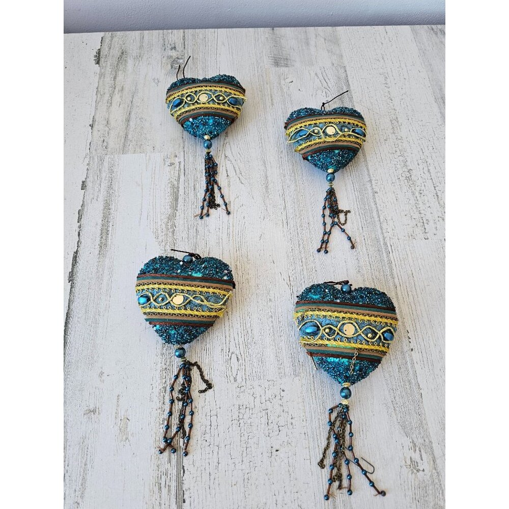 Vintage beaded heart ornament glitter blue Xmas‎ Valentine tree set